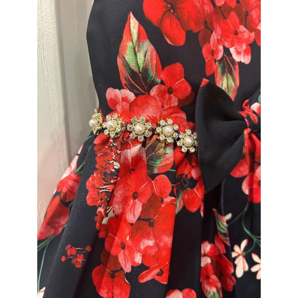 Couture Princess Party Dress Navy Red Floral Pearl Bow Tulle Hem‎ Girls Size 4